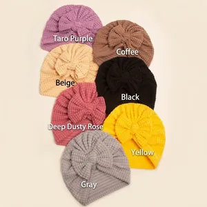 Bonnets turban en maille gaufrée pour bébé avec grands nœuds en sept couleurs variées