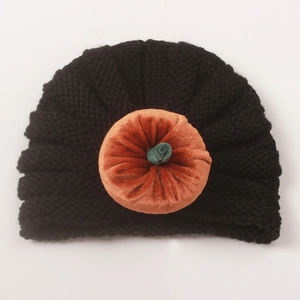 Halloween baby pumpkin knit hat in black with orange velvet accent and green stem