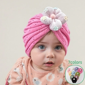 Baby Turban Hat Large Flower Decoration Breathable Lace Eyelet Elastic Beanie Cap For Newborn Infant Toddler Girls