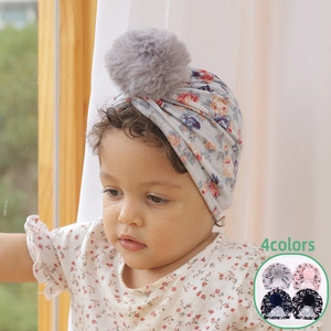 Chapeau Turban pour Bébé en Polyester Douceur avec Imprimé Floral et Pompon en Fausse Fourrure Bandeau Respirant pour Enfant