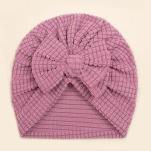 Bonnet turban lilas pour bébé en maille gaufre avec grand nœud décoratif chic