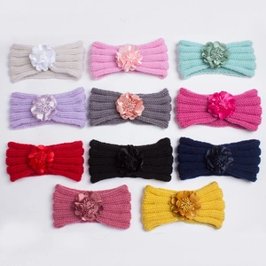 Winter knitted baby headbands with large fabric flowers available in 11 assorted colors
