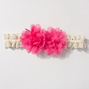 Lace baby headband with two large pink chiffon flowers and soft elastic mesh band