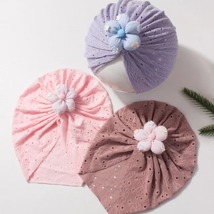 Breathable baby girl hollow knit turban hats with 3D flower decorations in multiple colors