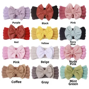 Set mit 12 bunten gestrickten Baby-Stirnbändern mit großen Schleifen für Kleinkinder