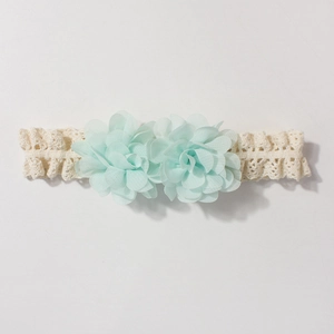 Detailed view of baby lace headband featuring mint green chiffon flowers with hollow texture