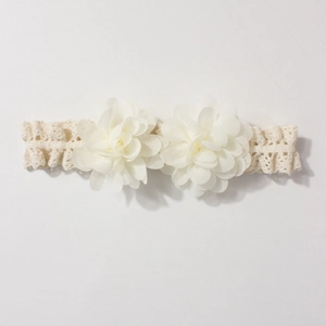 Close-up of baby lace headband with 3D chiffon flowers and elastic crochet details