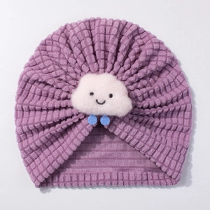 Purple waffle knit baby turban hat with a smiling white cloud and blue raindrops