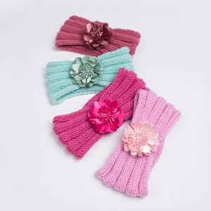 4-pack of warm knit baby headbands with large satin flowers in various colors