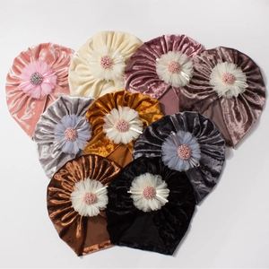 Velvet baby turban hats with large handmade flowers available in nine assorted colors