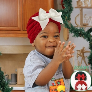 Bonnet Turban en Tricot de Noël pour Bébé avec Grand Nœud Doux Chaud Hiver Bonnet pour Nourrissons Filles Cadeau de Noël