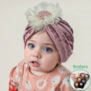 Baby Turban Hat Gold Velvet Infant Indian Beanie With Large Mesh Flower Pleated Soft Warm Headwrap For Toddler Girls