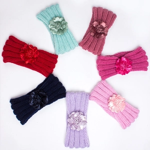 Winter knitted baby headbands with handmade flowers set in seven vibrant colors