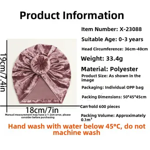 Size guide for velvet baby donut beanie showing dimensions for ages 0 to 3 years old