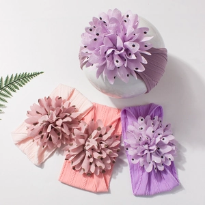 Set of 4 elastic jacquard nylon baby headbands with large polka dot fabric flowers