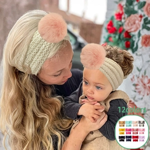 Eltern-Kind Gestricktes Stirnband Mit Kunstpelz Pom-pom Mutter Und Baby Herbst Winter Warm Ohrenschützer Turban Kleinkinder Damen