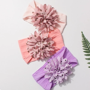 Three-piece baby nylon headbands with large jacquard floral bows in soft pastel colors