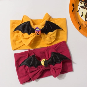 Halloween baby nylon headbands with bat wings and pumpkin bows in yellow and burgundy