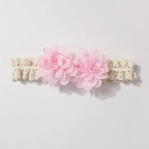 Detail of baby lace headband featuring soft pink chiffon flowers and ruffled edges