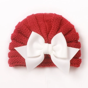 Bonnet turban tricoté rouge pour bébé avec grand nœud blanc pour la chaleur hivernale