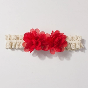 Close-up of baby lace headband with two 3D red chiffon flowers on white background