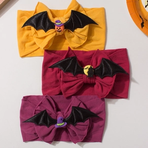 Set of 3 Halloween baby headbands featuring bats, pumpkins and witch hat bow designs