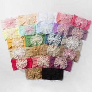 Lot de 18 bandeaux pour bébé en nylon jacquard coloré avec nœuds en dentelle mignons