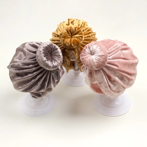 Winter velvet baby turban hats with donut knot in grey, gold and pink colors