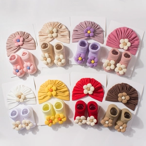 Baby Turban Hat And Ribbed Socks Combination With 3D Flower For Newborn Infants Autumn Winter Warm Floral Accessories