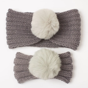 2pcs gray cable knit mother and child headbands with large white faux fur pom poms