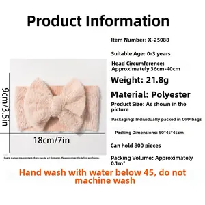 Size guide for baby plush headband with bow showing dimensions and washing instructions