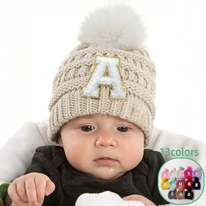 Infant Baby Winter Knit Beanie Hat Warm Polyester Ribbed Cap With Faux Fur Pom Pom And Sequin Letter Patch For Boys Girls