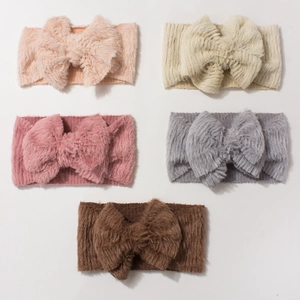 Soft plush baby bow headbands in five colors for winter warmth and newborn styling