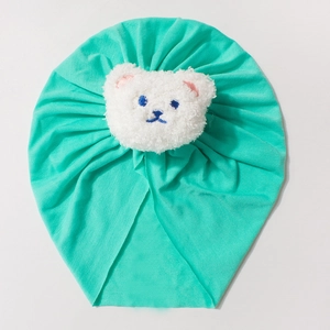 Soft mint green knitted cotton baby bear hat with cute white plush animal patch