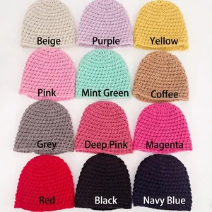 Set of 12 colorful handmade crochet knit beanie hats for infants in a grid layout