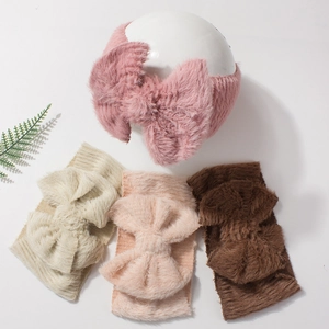 Soft plush baby headbands with large bows in pink, beige and brown for infants
