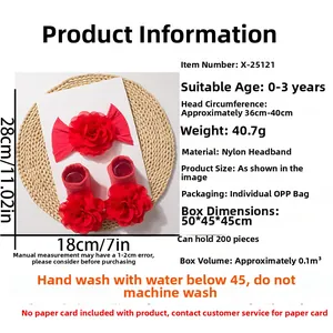 Detailed view of red floral baby headband and matching knit socks set for 0-3 years infants