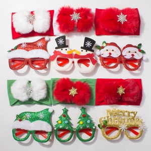 Christmas baby accessories set with plush bow headbands and festive party glasses frames