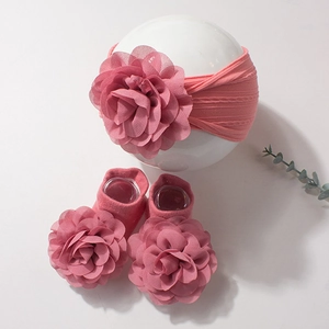 Infant floral headband and socks set in pink purple with large silk flowers decoration