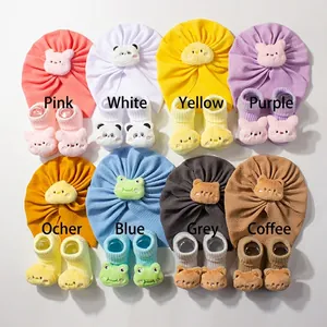 Baby hat and socks set featuring cute 3D cartoon animal decorations in eight colors