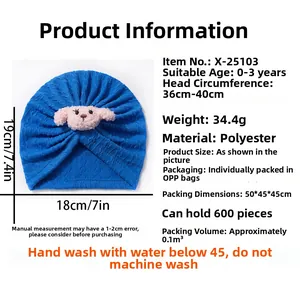 Blue infant turban hat with pink plush animal detail and 0-3 years size chart info