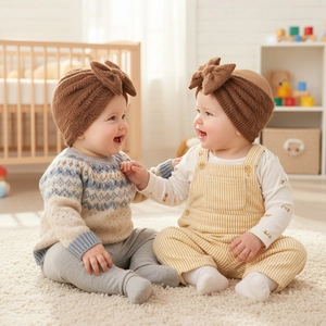 Close-up of brown knit baby hat and headband set with cute bow details for autumn