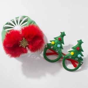 Christmas baby set with plush red bow headband and festive green Xmas tree glasses