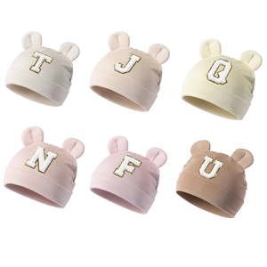 Soft modal baby beanie with cute bear ears and sequined alphabet embroidery in various colors