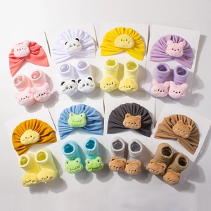 Baby Hat And Socks Set Cartoon Animal Soft Turban Headwrap For Newborn Infant Toddler Breathable Polyester Knitted Accessories