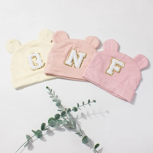 Three-piece modal baby beanies with cute bear ears and gold towel embroidery letters