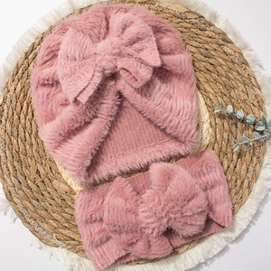 Pink plush baby winter set with fleece bow beanie and matching soft headband