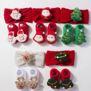 Christmas baby set with knit headbands and matching socks featuring 3D festive characters
