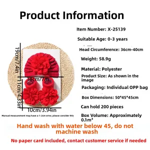 Size chart showing red flower headband and socks dimensions for babies aged 0-3 years