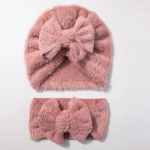 Pink plush baby winter set with matching warm headband and large bow beanie